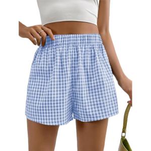 imageSOLY HUX Womens Y2K Striped Boxer Shorts Elastic High Waisted Straight Leg Workout Gym ShortsBlue Plaid