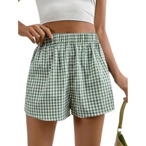 imageSOLY HUX Womens Y2K Striped Boxer Shorts Elastic High Waisted Straight Leg Workout Gym ShortsGreen Gingham