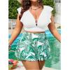 imageSOLY HUX Womens Plus Size Tankini Swimsuits V Neck Ruffle Tropical Print Swim Skirt Two Piece Bathing SuitWhite Leaf