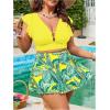 imageSOLY HUX Womens Plus Size Tankini Swimsuits V Neck Ruffle Tropical Print Swim Skirt Two Piece Bathing SuitYellow Tropical