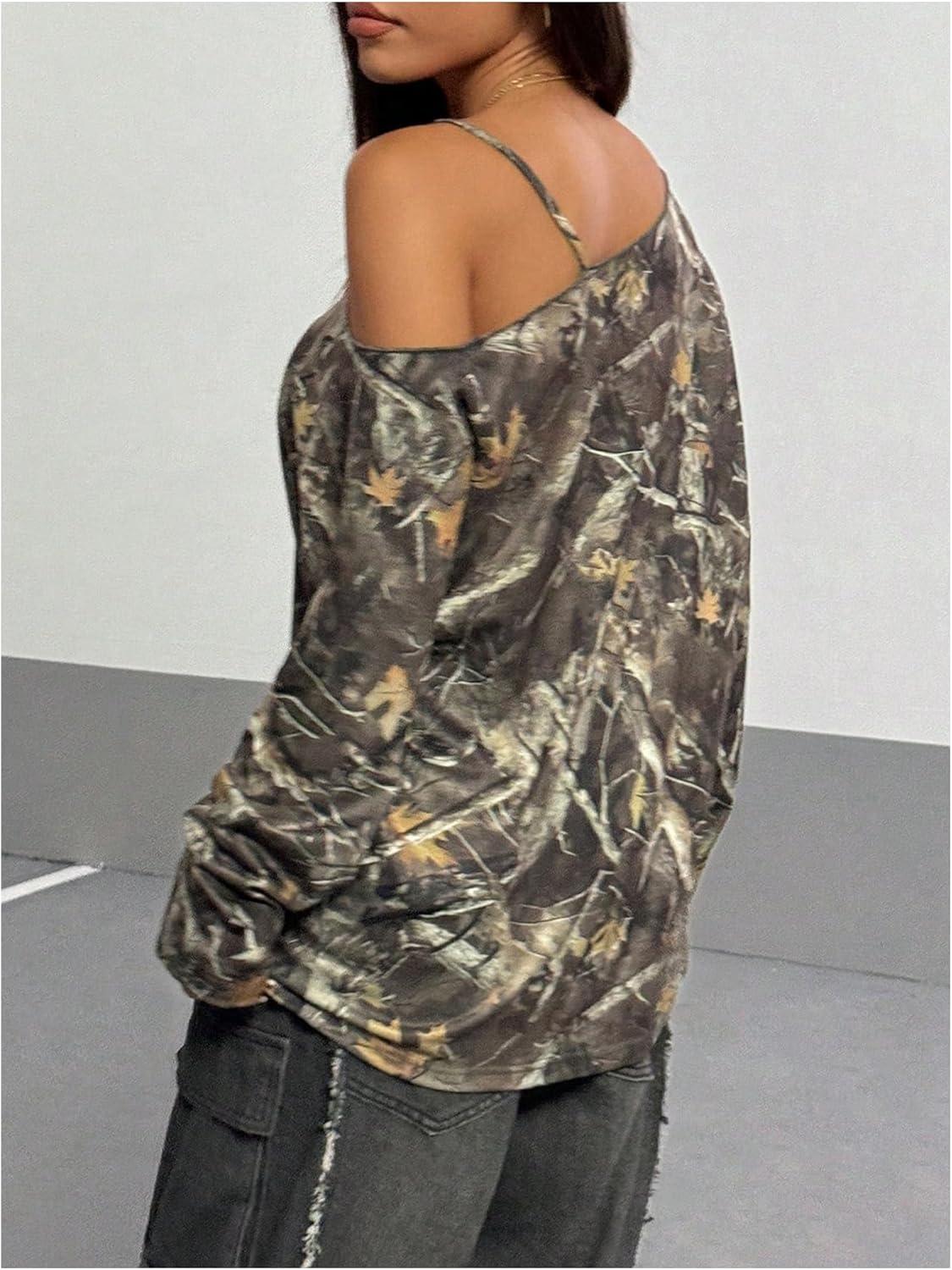 imageSOLY HUX Womens Camo TShirts Long Sleeve Cold Shoulder Loose Tee Shirts Vintage StreetwearGreen Camo