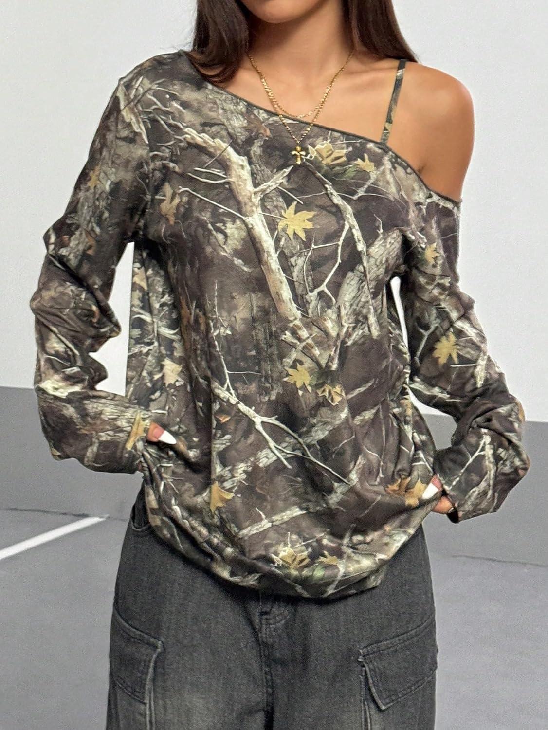 imageSOLY HUX Womens Camo TShirts Long Sleeve Cold Shoulder Loose Tee Shirts Vintage StreetwearGreen Camo