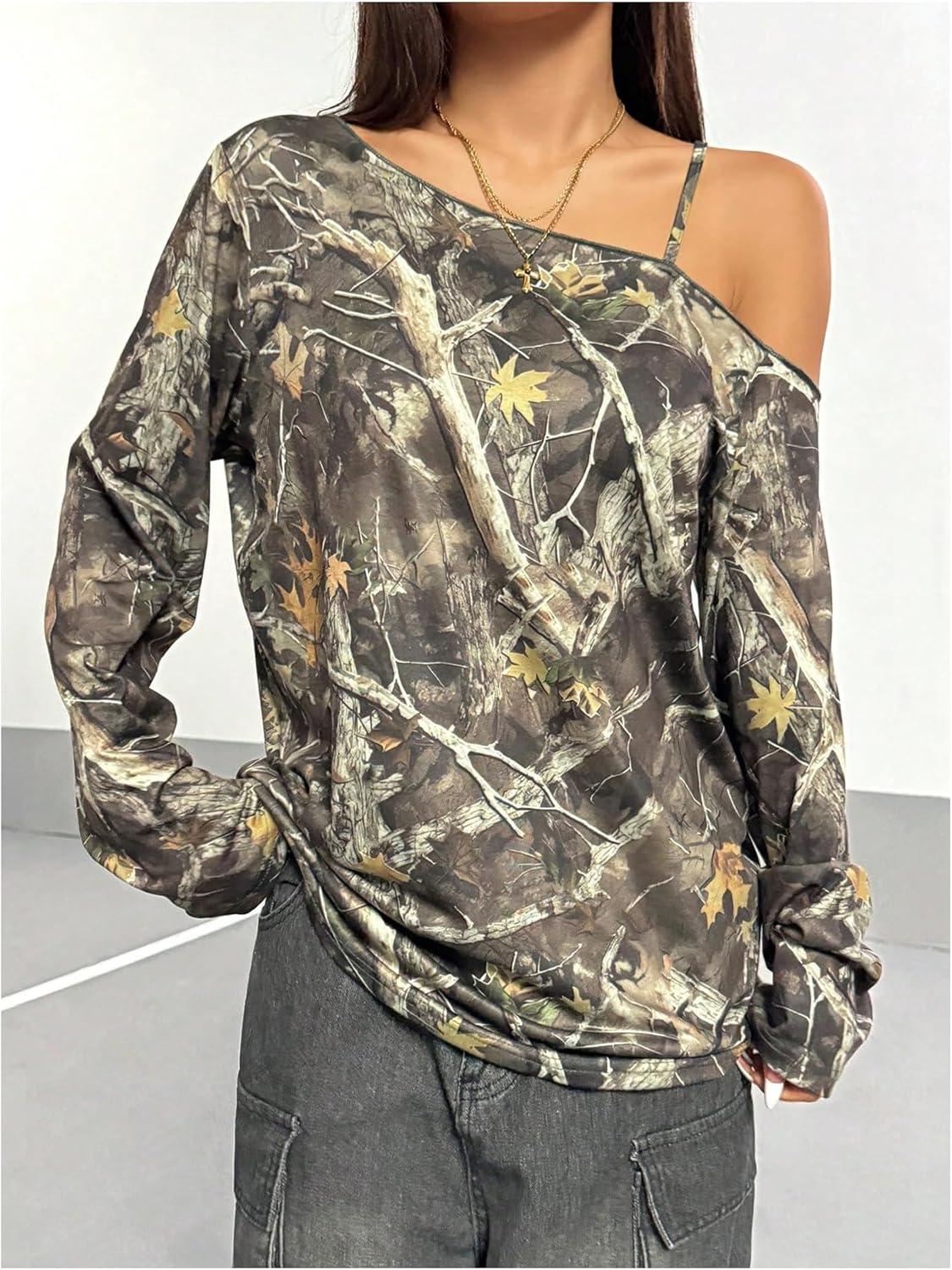 imageSOLY HUX Womens Camo TShirts Long Sleeve Cold Shoulder Loose Tee Shirts Vintage StreetwearGreen Camo