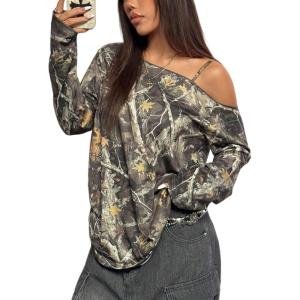 imageSOLY HUX Womens Camo TShirts Long Sleeve Cold Shoulder Loose Tee Shirts Vintage StreetwearGreen Camo