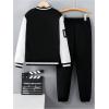 imageSOLY HUX Boys 2 Piece Letter Graphic Outfits Color Block Long Sleeve Varsity Jacket and Sweatpants Streetwear SetBlack and White Letter