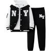 imageSOLY HUX Boys 2 Piece Letter Graphic Outfits Color Block Long Sleeve Varsity Jacket and Sweatpants Streetwear SetBlack and White Letter