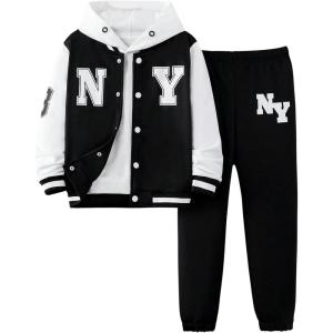 imageSOLY HUX Boys 2 Piece Letter Graphic Outfits Color Block Long Sleeve Varsity Jacket and Sweatpants Streetwear SetBlack and White Letter