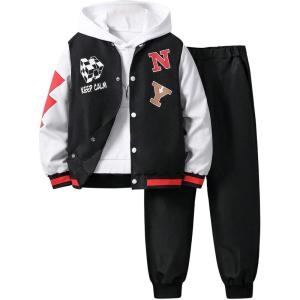 imageSOLY HUX Boys 2 Piece Outfits Letter Graphic Color Block Long Sleeve Varsity Jacket and Sweatpants SetBlack and White Letter