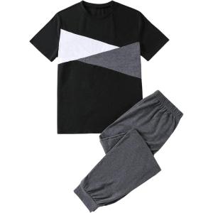 imageSOLY HUX Boys 2 Piece Summer Outfits Color Block Short Sleeve T Shirt Tops and Jogger Pants SetBlack and Grey