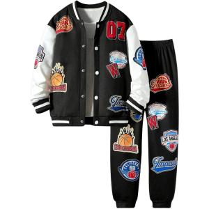 imageSOLY HUX Boys 2 Piece Sweatsuits Outfits Letter Graphic Long Sleeve Varsity Jacket and Sweatpants SetBlack and White Letter