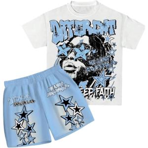 imageSOLY HUX Boys Outfits Graphic Short Sleeve T Shirts and Shorts 2 Piece Set Summer ClothesBlue White Graphic