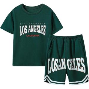 imageSOLY HUX Boys Summer Short Set Letter Graphic Short Sleeve T Shirt and Shorts Going Out 2 Piece OutfitsDark Green