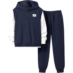 imageSOLY HUX Boys Sweatshirt Sets 2 Piece Outfits Long Sleeve 2 in 1 Hoodies Pullover Jogger Pants Sweatsuits SetDark Blue and White