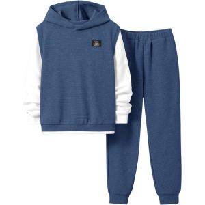 imageSOLY HUX Boys Sweatshirt Sets 2 Piece Outfits Long Sleeve 2 in 1 Hoodies Pullover Jogger Pants Sweatsuits SetDusty Blue and White