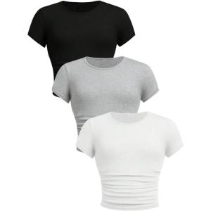 imageSOLY HUX Girls Basic TShirts Set Crew Neck Short Sleeve Crop Top 3 Packs Summer Fitted TeesBlack Grey White