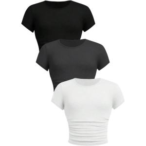 imageSOLY HUX Girls Basic TShirts Set Crew Neck Short Sleeve Crop Top 3 Packs Summer Fitted TeesDark Grey Black White