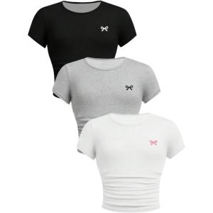 imageSOLY HUX Girls Basic TShirts Set Crew Neck Short Sleeve Crop Top 3 Packs Summer Fitted TeesMulticoloured Bow Print