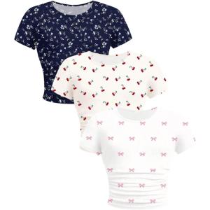 imageSOLY HUX Girls Basic TShirts Set Crew Neck Short Sleeve Crop Top 3 Packs Summer Fitted TeesMulticoloured Floral Print