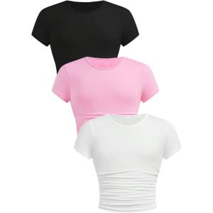 imageSOLY HUX Girls Basic TShirts Set Crew Neck Short Sleeve Crop Top 3 Packs Summer Fitted TeesPink Black White