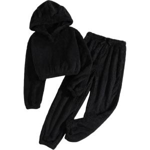 imageSOLY HUX Girls Bear Ear Fuzzy Drop Shoulder Hoodie Sweatshirt with Sweatpants Two Piece OutfitPure Black