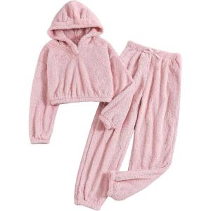 imageSOLY HUX Girls Bear Ear Fuzzy Drop Shoulder Hoodie Sweatshirt with Sweatpants Two Piece OutfitPure Light Pink