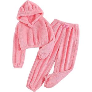 imageSOLY HUX Girls Bear Ear Fuzzy Drop Shoulder Hoodie Sweatshirt with Sweatpants Two Piece OutfitPure Pink