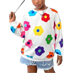 imageSOLY HUX Girls Cute Graphic Sweatshirt Cartoon Cat Print Long Sleeve Crewneck Pullover TopsWhite Floral