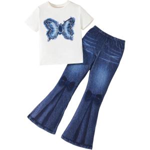 imageSOLY HUX Girls 2 Piece Outfits Cute Graphic Short Sleeve Tee Tops and Flare Leg Pants SetMulticoloured Butterfly
