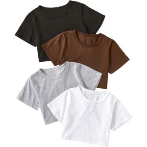 imageSOLY HUX Girls 4 Piece Short Sleeve Round Neck Tee T Shirts Summer Crop TopsWhite Grey Brown Black