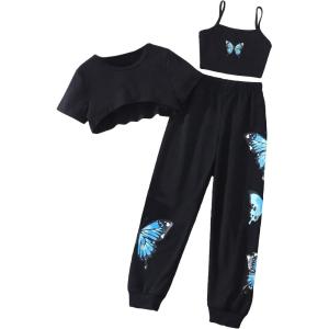 imageSOLY HUX Girls Butterfly Print Cami Tops ampamp High Low Hem Short Sleeve T Shirt with Sweatpants 3 PieceBlack Blue Butterfly