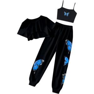 imageSOLY HUX Girls Butterfly Print Cami Tops ampamp High Low Hem Short Sleeve T Shirt with Sweatpants 3 PieceBlack Graphic