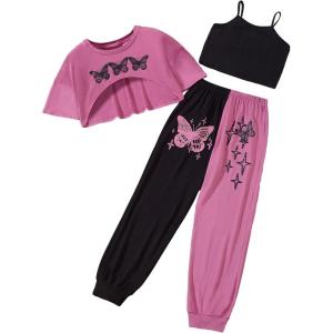 imageSOLY HUX Girls Butterfly Print Cami Tops ampamp High Low Hem Short Sleeve T Shirt with Sweatpants 3 PieceBlack and Pink Butterfly