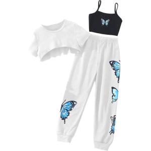 imageSOLY HUX Girls Butterfly Print Cami Tops ampamp High Low Hem Short Sleeve T Shirt with Sweatpants 3 PieceBlue Butterflies a