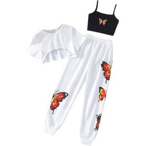 imageSOLY HUX Girls Butterfly Print Cami Tops ampamp High Low Hem Short Sleeve T Shirt with Sweatpants 3 PieceWhite Butterfly