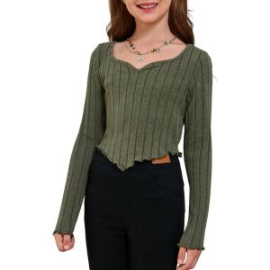 imageSOLY HUX Girls Long Sleeve Cute Crop Tops Sweetheart Neck Asymmetrical Tight T Shirts Fitted TeesPlain Army Green