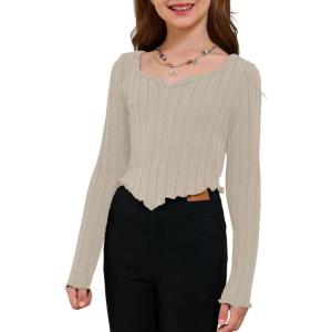 imageSOLY HUX Girls Long Sleeve Cute Crop Tops Sweetheart Neck Asymmetrical Tight T Shirts Fitted TeesPure Apricot