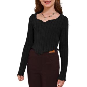 imageSOLY HUX Girls Long Sleeve Cute Crop Tops Sweetheart Neck Asymmetrical Tight T Shirts Fitted TeesPure Black