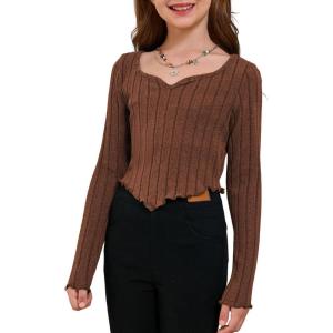 imageSOLY HUX Girls Long Sleeve Cute Crop Tops Sweetheart Neck Asymmetrical Tight T Shirts Fitted TeesPure Brown