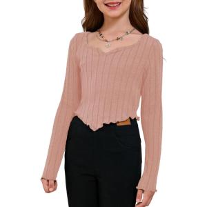 imageSOLY HUX Girls Long Sleeve Cute Crop Tops Sweetheart Neck Asymmetrical Tight T Shirts Fitted TeesPure Dusty Pink