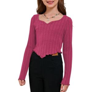 imageSOLY HUX Girls Long Sleeve Cute Crop Tops Sweetheart Neck Asymmetrical Tight T Shirts Fitted TeesPure Hotpink