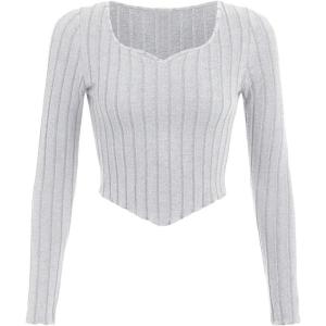 imageSOLY HUX Girls Long Sleeve Cute Crop Tops Sweetheart Neck Asymmetrical Tight T Shirts Fitted TeesPure Light Grey