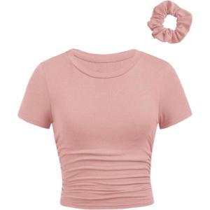 imageSOLY HUX Girls Short Sleeve Crew Neck Slim Fitted Basic TShirts Summer Tops with Hair TiesDusty Pink