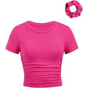 imageSOLY HUX Girls Short Sleeve Crew Neck Slim Fitted Basic TShirts Summer Tops with Hair TiesHot Pink