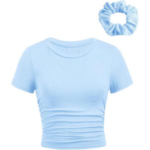 imageSOLY HUX Girls Short Sleeve Crew Neck Slim Fitted Basic TShirts Summer Tops with Hair TiesLight Blue