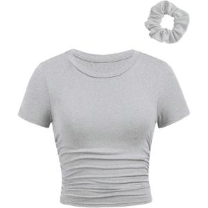 imageSOLY HUX Girls Short Sleeve Crew Neck Slim Fitted Basic TShirts Summer Tops with Hair TiesLight Grey