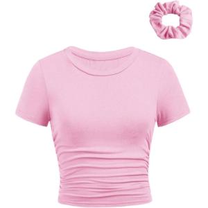 imageSOLY HUX Girls Short Sleeve Crew Neck Slim Fitted Basic TShirts Summer Tops with Hair TiesLight Pink