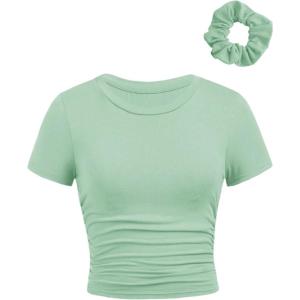 imageSOLY HUX Girls Short Sleeve Crew Neck Slim Fitted Basic TShirts Summer Tops with Hair TiesMint Green