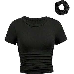 imageSOLY HUX Girls Short Sleeve Crew Neck Slim Fitted Basic TShirts Summer Tops with Hair TiesSolid Black
