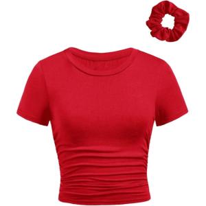 imageSOLY HUX Girls Short Sleeve Crew Neck Slim Fitted Basic TShirts Summer Tops with Hair TiesSolid Red