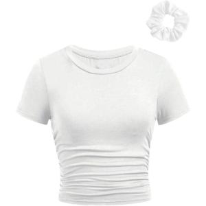 imageSOLY HUX Girls Short Sleeve Crew Neck Slim Fitted Basic TShirts Summer Tops with Hair TiesSolid White